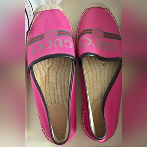 GUCCI Pilar Espadrille Women Size 7.5 /38 Fuchsia Pink Canvas Logo